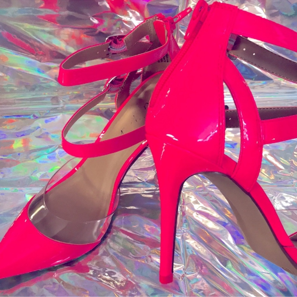 Wild Pair Neon Pink Patent Pointed-Toe Ankle-Strap Heels - Picture 4 of 5
